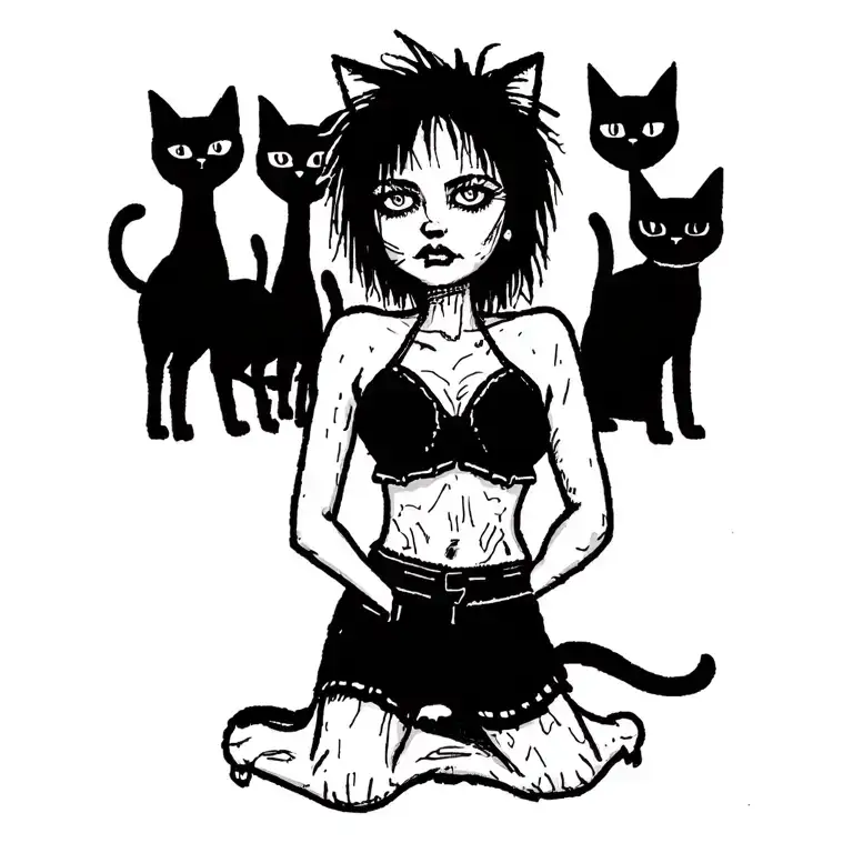 woman punk with gang of cats tattoo design idea