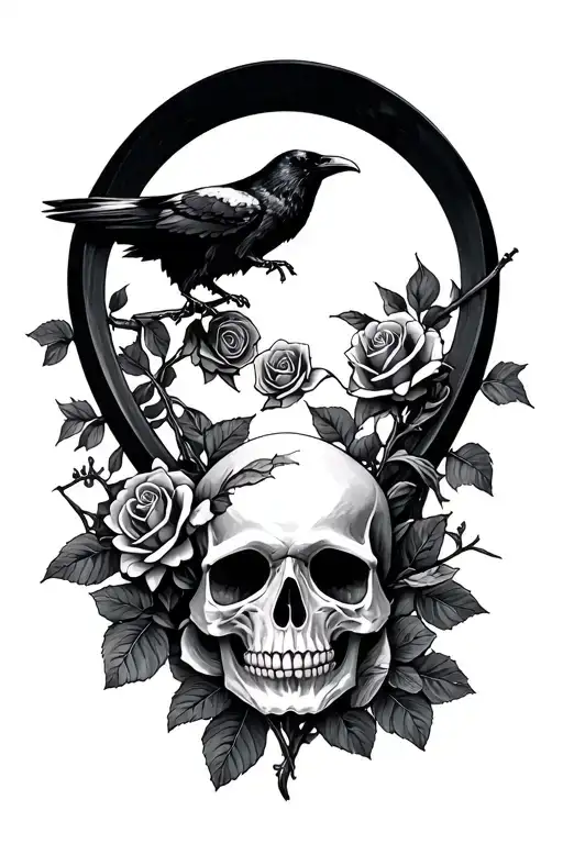 Skull, river of souls, moon, scythe, raven, roses growing tattoo design idea