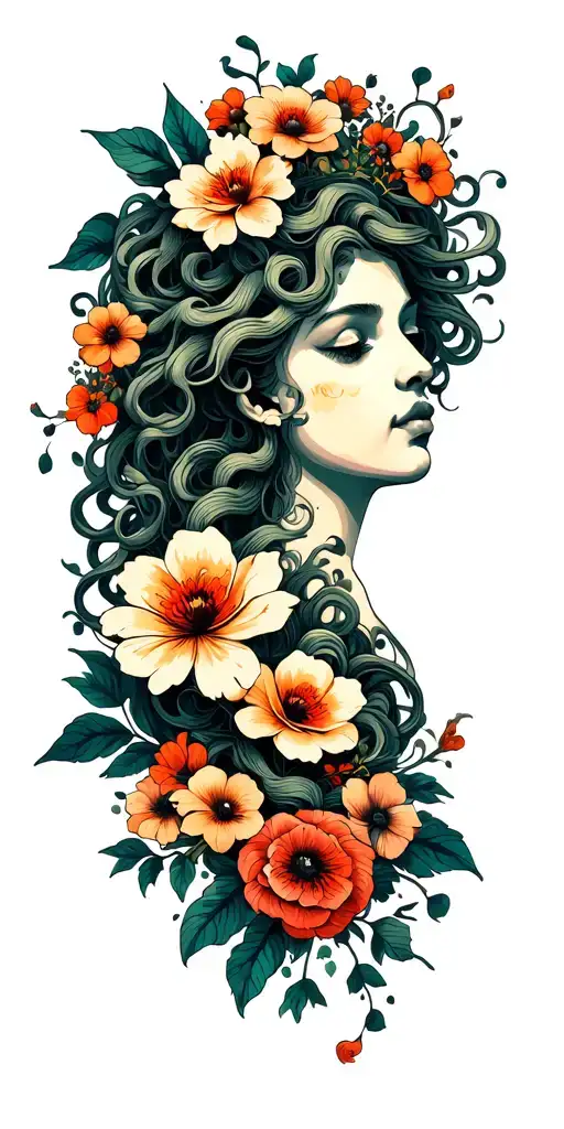 medusa and flowers with geo symteric shapes tattoo design idea