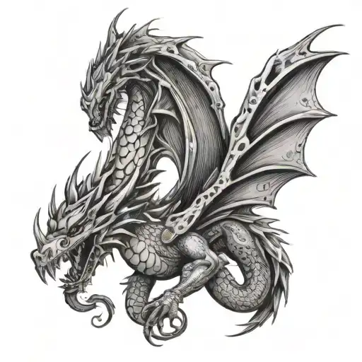 placidusax dragon with spread wings two heads and two heads cut off tattoo design idea