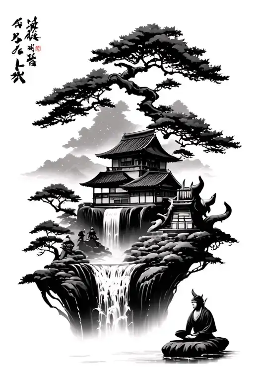 japanese village nestled in a deep cherry forest with people and a oni samurai meditating  by a waterfall tattoo design idea
