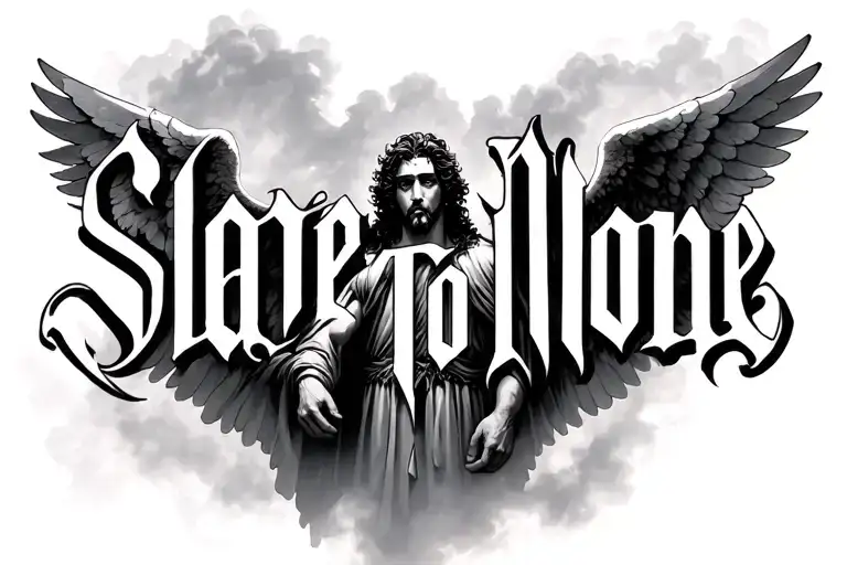 The phrase “Slave To None” with a male angel behind the pharse and rising above, also include a fog or cloudy background tattoo design idea