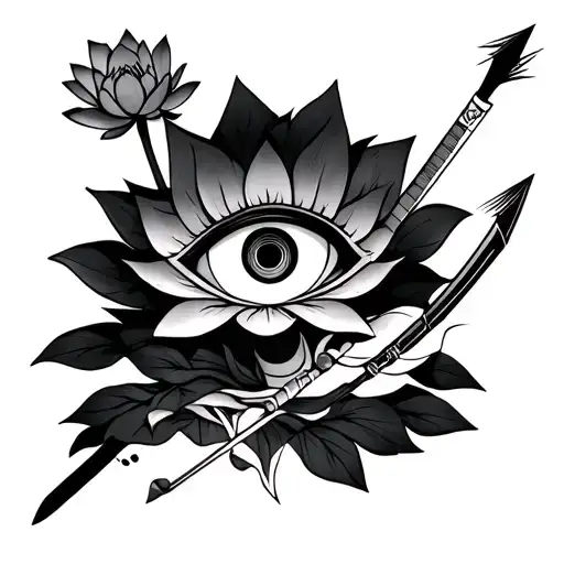 design a tradition japanese namakubi geshia with an arrow going thru one eye pinning it to a japanese lotus & a katanna  tattoo design idea
