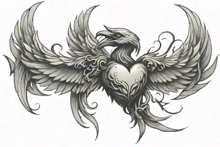 phoenix soaring with broken heart shaped lock intertwined with a heart tattoo design idea