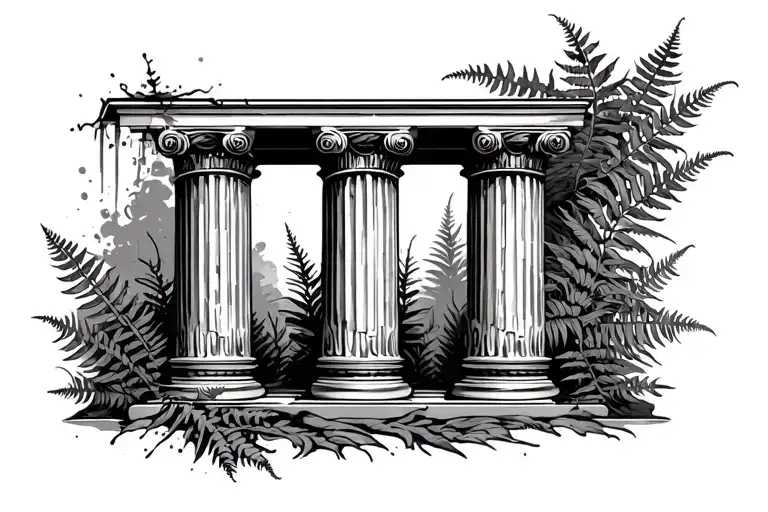 Greek Columns deteriorating with ferns tattoo design idea