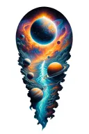 a universe with alot of planets flowing down a nebula, the planets are inside the river tattoo design idea