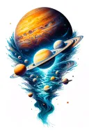 a universe with alot of planets flowing down a nebula, the planets are inside the river tattoo design idea