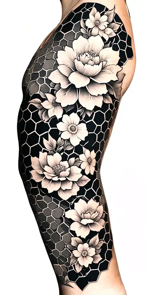 Full Left Sleeve with escher geometry, hexagonal honeycomb patterns, floral blossoms tattoo design idea