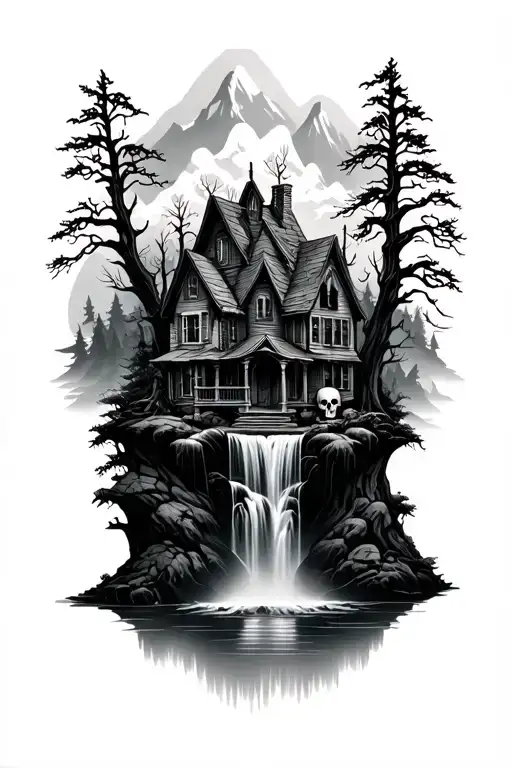 haunted house with skull waterfall forest mountain tattoo design idea