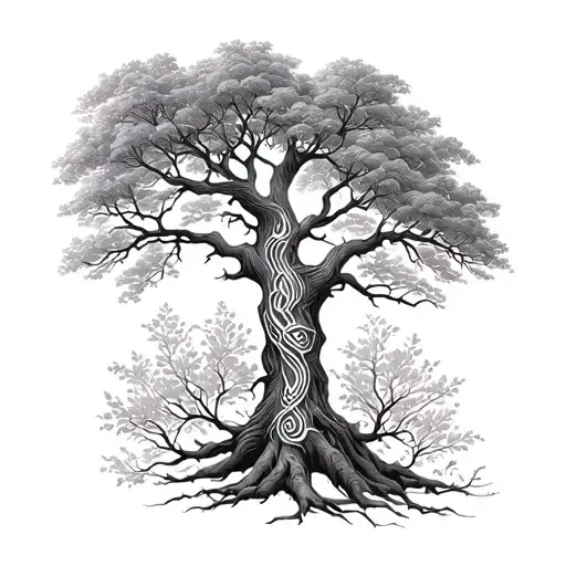 Incorporate symbols of anglo saxons and nature into a tattoo design of a majestic tree with intricate anglo saxon patterns intertwined with branches tattoo design idea