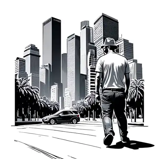 man walking towards downtown Los angeles tattoo design idea