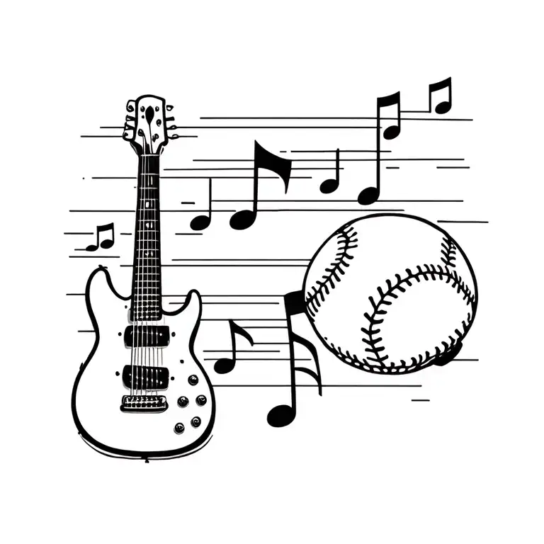 ACQUIARD GUITAR, BASE BALL AND MUSICAL NOTES tattoo design idea