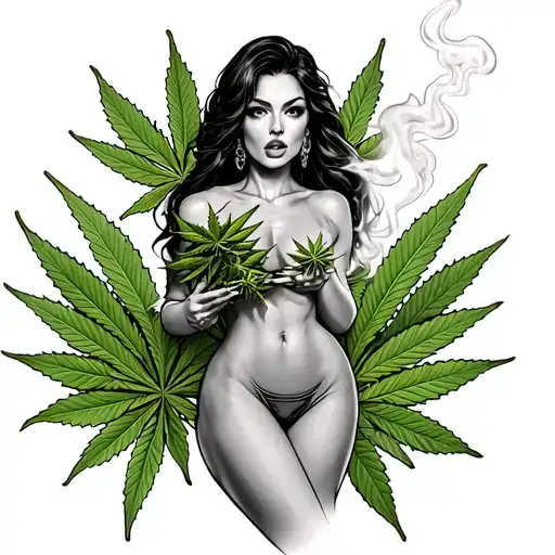 Show me a tattoo of a hot woman smoking marijuana on her butt, with marijuana leaves in the background. tattoo design idea