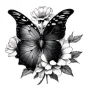 half butterfly and half carnation flower and anemones flower fine line  tattoo design idea