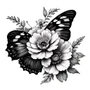 half butterfly and half carnation flower and anemones flower fine line  tattoo design idea