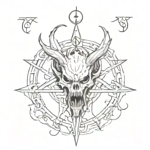 demon with pentagram and 666 and upside down cross  tattoo design idea