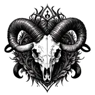 Ultra-detailed symmetrical blackwork occult illustration with a horned ram skull at the top, massive curling horns tattoo design idea
