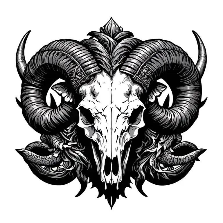 Ultra-detailed symmetrical blackwork occult illustration with a horned ram skull at the top, massive curling horns tattoo design idea