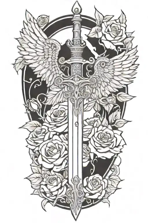 angel wings behind sword, roses tattoo design idea