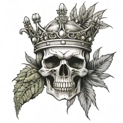 A skull wearing a crown made of dollar bills and surrounded by weed plants tattoo design idea