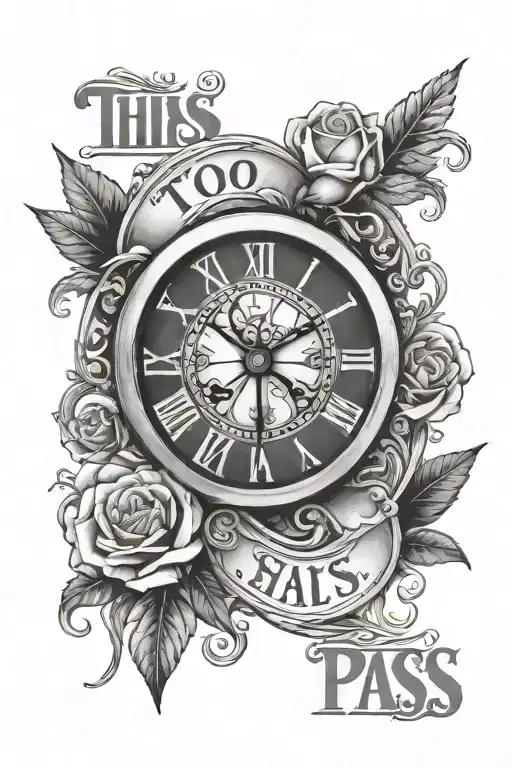 Clock and the words "This Too Shall Pass" tattoo design idea
