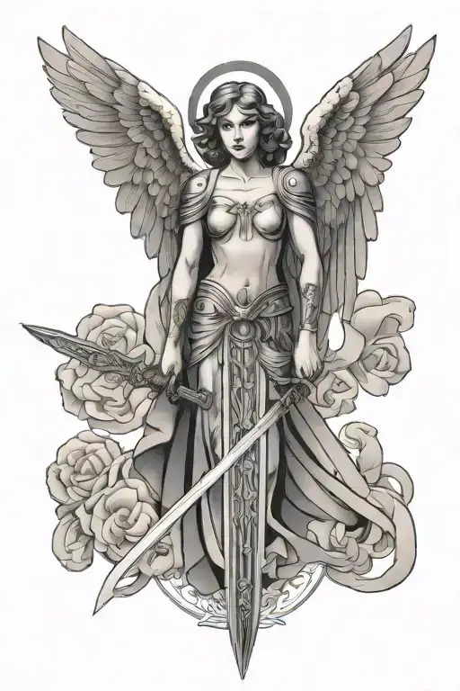 Art Deco Angel with sword  tattoo design idea