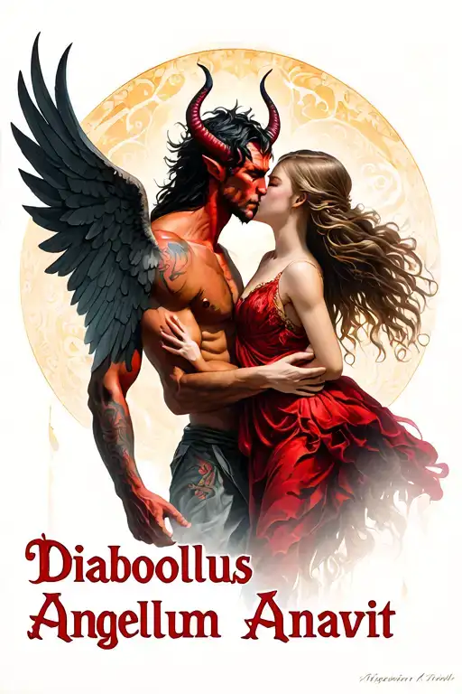 "Diabolus Angelum Amavit" A devil man who kisses and hugs an angel girl tattoo design idea