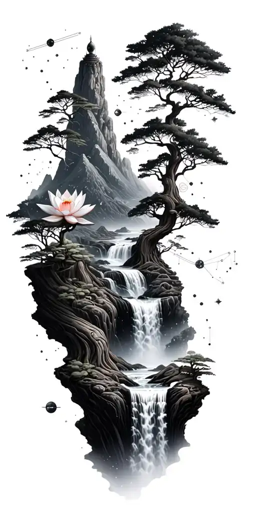 collage of space constellation, Buddhist mountain, trees, waterfall, lotus, wood mechanical gears tattoo design idea