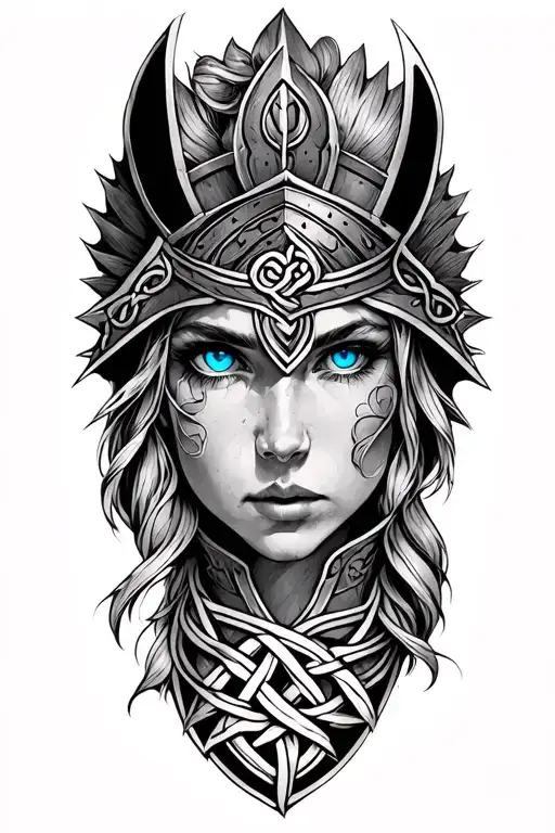 Valkyrie with blue eyes on armor tattoo design featuring Celtic trinity knot  tattoo design idea