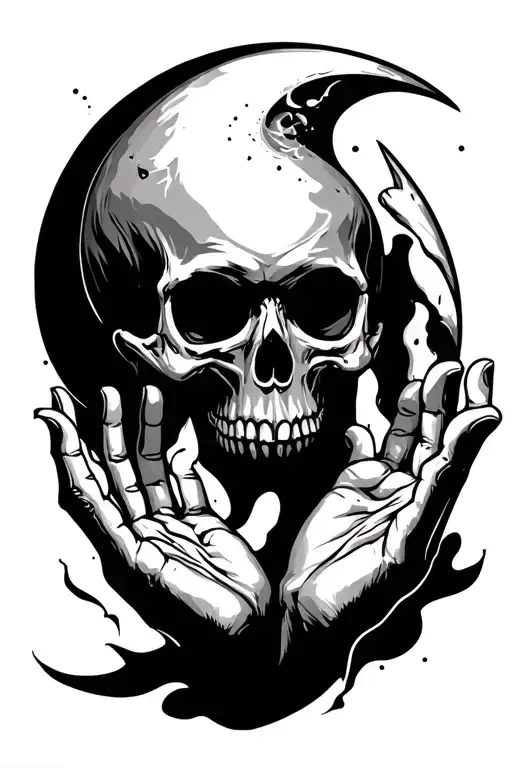 skull with hands crescent moon, mystical tattoo design idea
