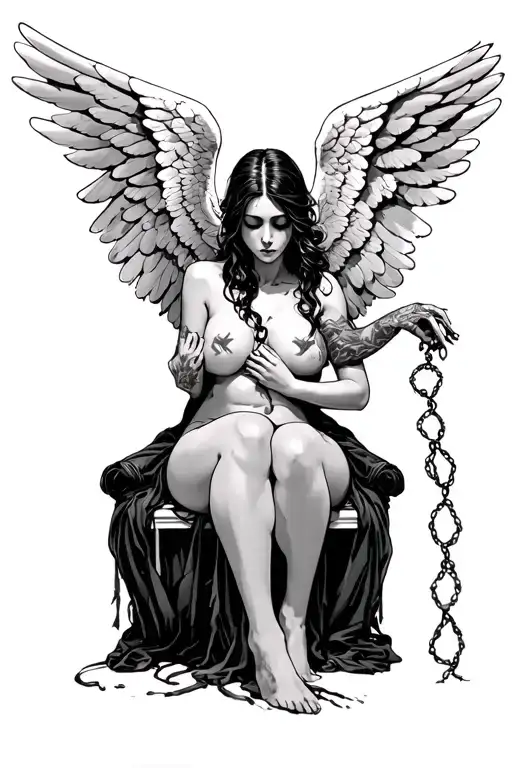 sitting, sad, fallen angel of female sex with bonds on one hand and tetting on the body tattoo design idea