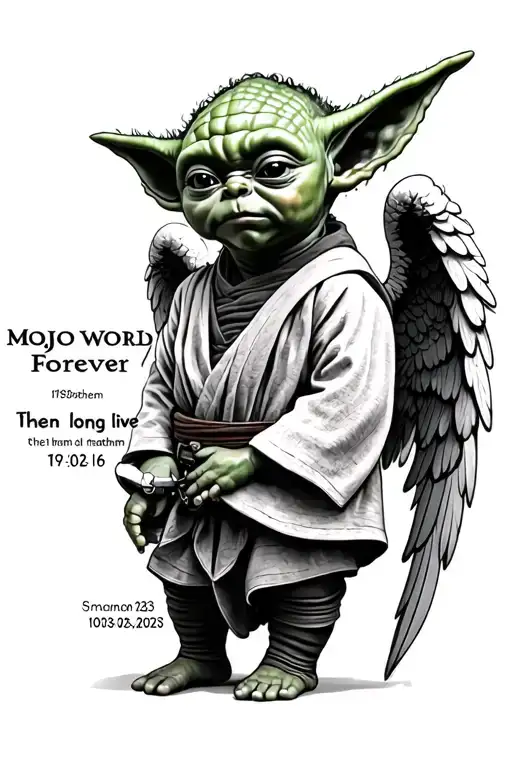 baby yoda with the word mojo world forever 19 03/02/2025 then long live snatchem with angel wings 07/06/16 tattoo design idea