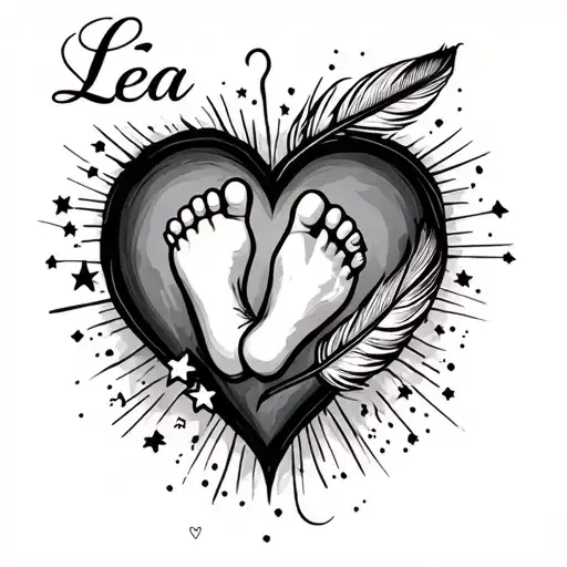 "Léa" Baby and heart foot and feather infinite sign star date tattoo design idea
