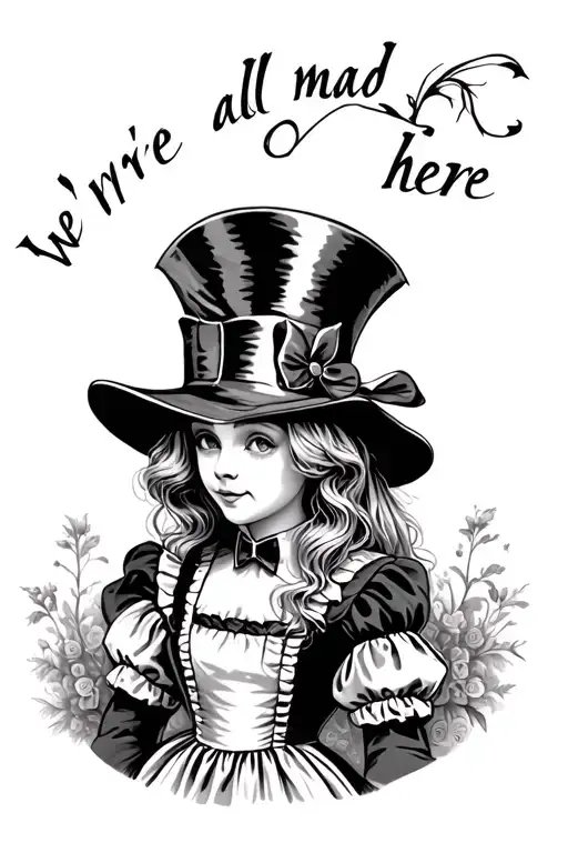 dark Alice in Wonderland wearing the mad hatter's hat. Have the text "we're all mad here" below the image  tattoo design idea