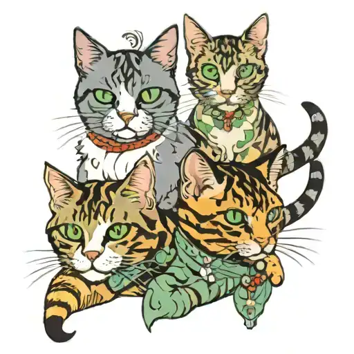 3 cats,  cat with one blue eye and one green eye, a gray and green cat, and a cat with tortoiseshell coloring all sittin tattoo design idea