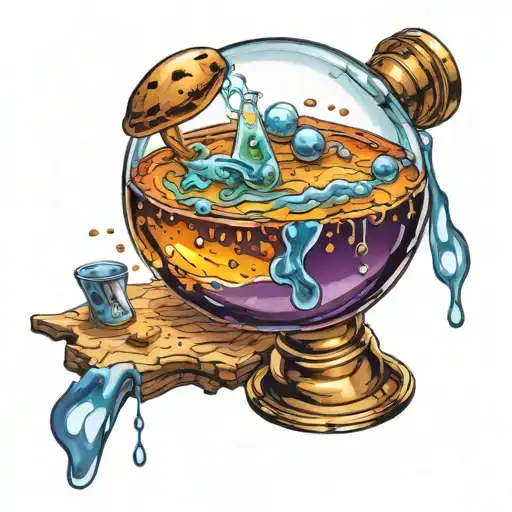 spherical glass of potion capped with a worn cork, and the liquid inside is the universe tattoo design idea
