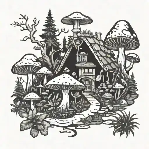 Psychedelic mushroom forest with a hidden postal worker delivering mail tattoo design idea