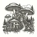Psychedelic mushroom forest with a hidden postal worker delivering mail tattoo design idea