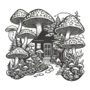 Psychedelic mushroom forest with a hidden postal worker delivering mail tattoo design idea