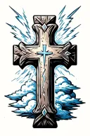 square stone cross with clouds and lightning bolts  tattoo design idea