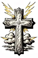 square stone cross with clouds and lightning bolts  tattoo design idea