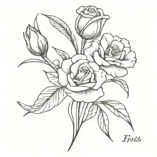 2 roses, one marigold and one iris flower bouquet tied by ribbon with love stem   tattoo design idea