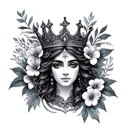 Mother Nature goddess crown surrounded by bold flowers tattoo design idea