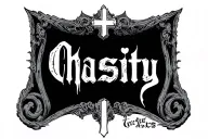 The name Chasity in gothic font and the “t” as a cross with Jesus on it  tattoo design idea