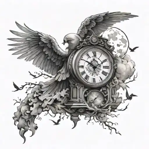 a crumbling clock flying birds stairway to heaven moon stars tattoo design idea