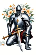 knight wearing armor of god kneeling with sword with flowers in background  tattoo design idea