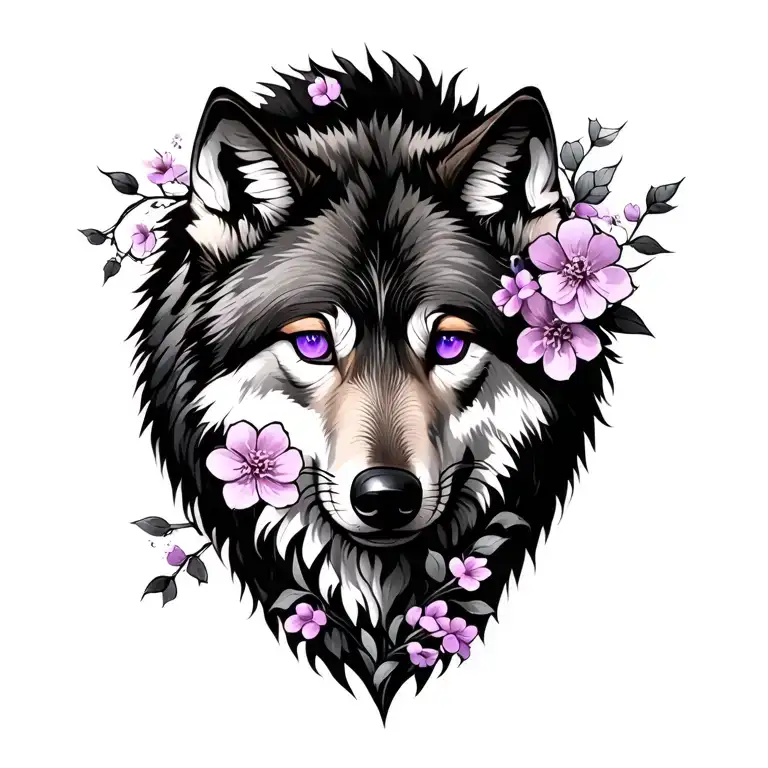 wolf with purple eyes and sakura flowers tattoo design idea