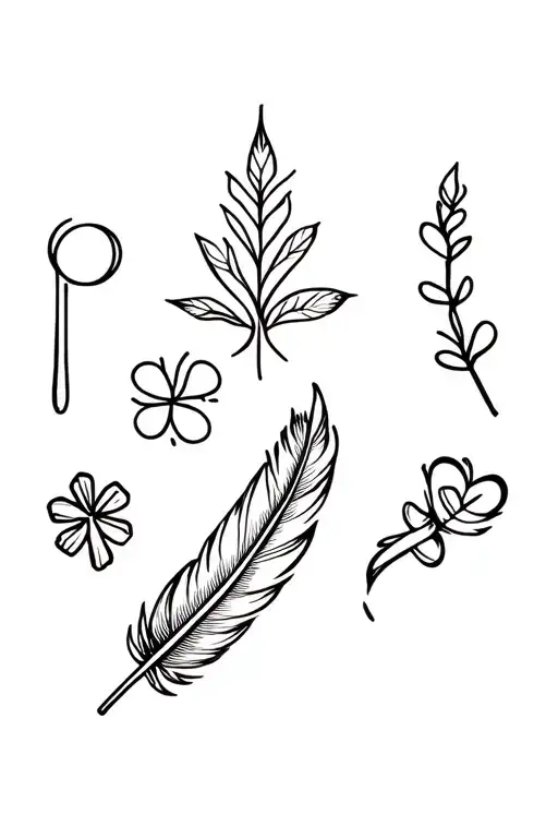 Design a linear fine line tattoo with 8 symbols for grandparents: plutonium, Pocahontas leaf or feather, leprechaun, hig tattoo design idea