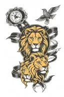 from shoulder to wrist with lion, black belt, family and copywriter tattoo design idea