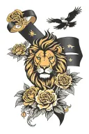 from shoulder to wrist with lion, black belt, family and copywriter tattoo design idea